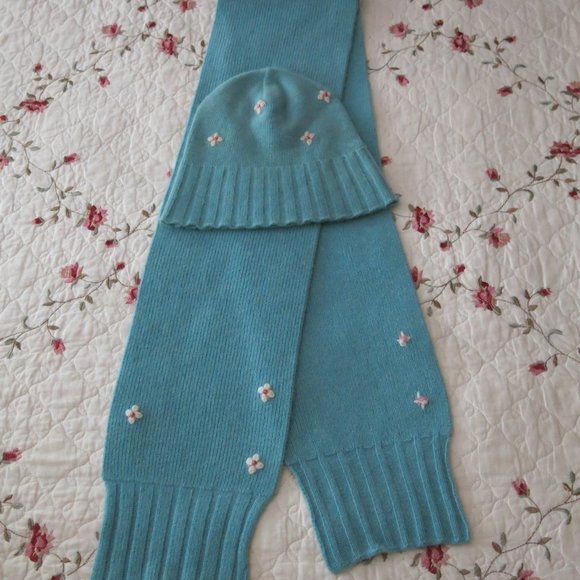 Portolano Blue 100% Cashmere Pink Flower Bead Embroidery Long Scarf and Hat Set - Picture 3 of 6
